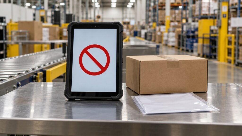 Tablet com símbolo de restrição ao lado de pacote em estação de conferência