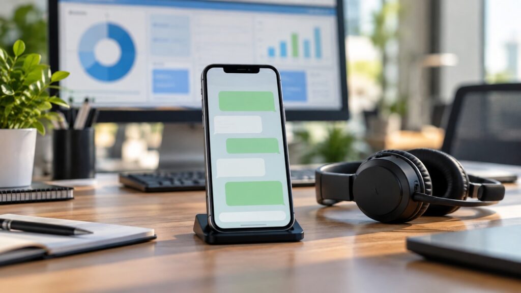 Celular com representação de mensagens e headset em estação profissional de análise de campanhas.