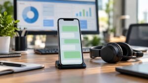 Celular com representação de mensagens e headset em estação profissional de análise de campanhas.