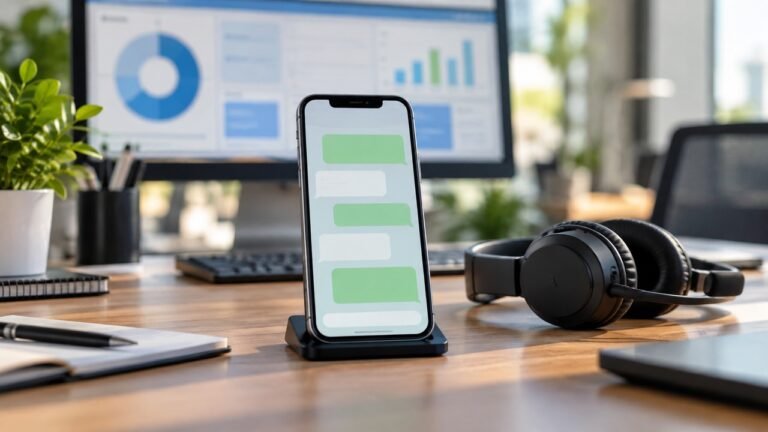 Celular com representação de mensagens e headset em estação profissional de análise de campanhas.