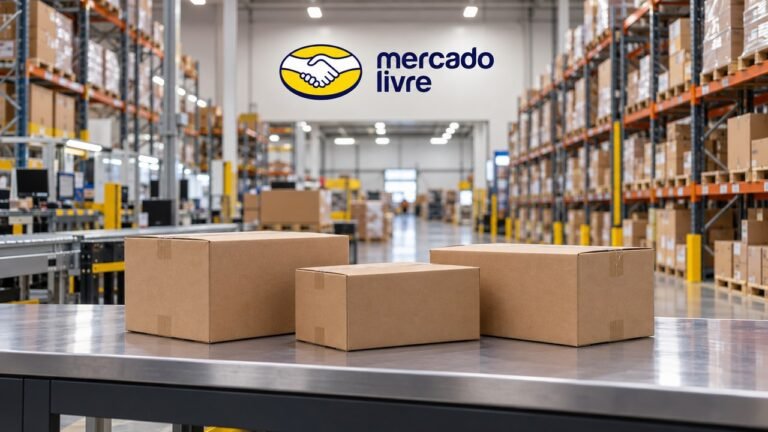 Escolha de produtos em centro de distribuição com caixas fechadas e marca Mercado Livre