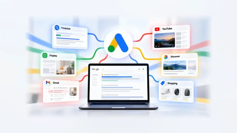 Google Ads com canais de anúncios da Pesquisa, YouTube, Display, Gmail, Discover e Shopping