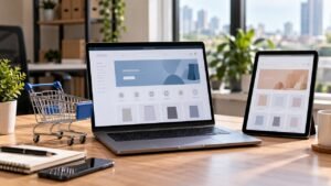 Computador e tablet com interfaces de lojas online e carrinho de compras.
