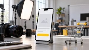 Celular com estrutura ilustrativa de anúncio, carrinho e equipamentos de fotografia.