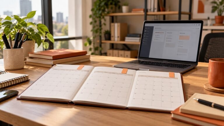 Planejador trimestral e notebook em ambiente profissional de comércio eletrônico