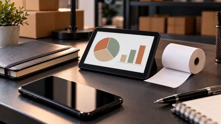 Tablet com gráficos ilustrativos, recibo e celular no planejamento de custos de vendas online.